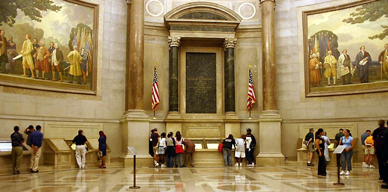 The Declaration of Independence remains on display in the Rotunda in the National Archives. Library of Congress