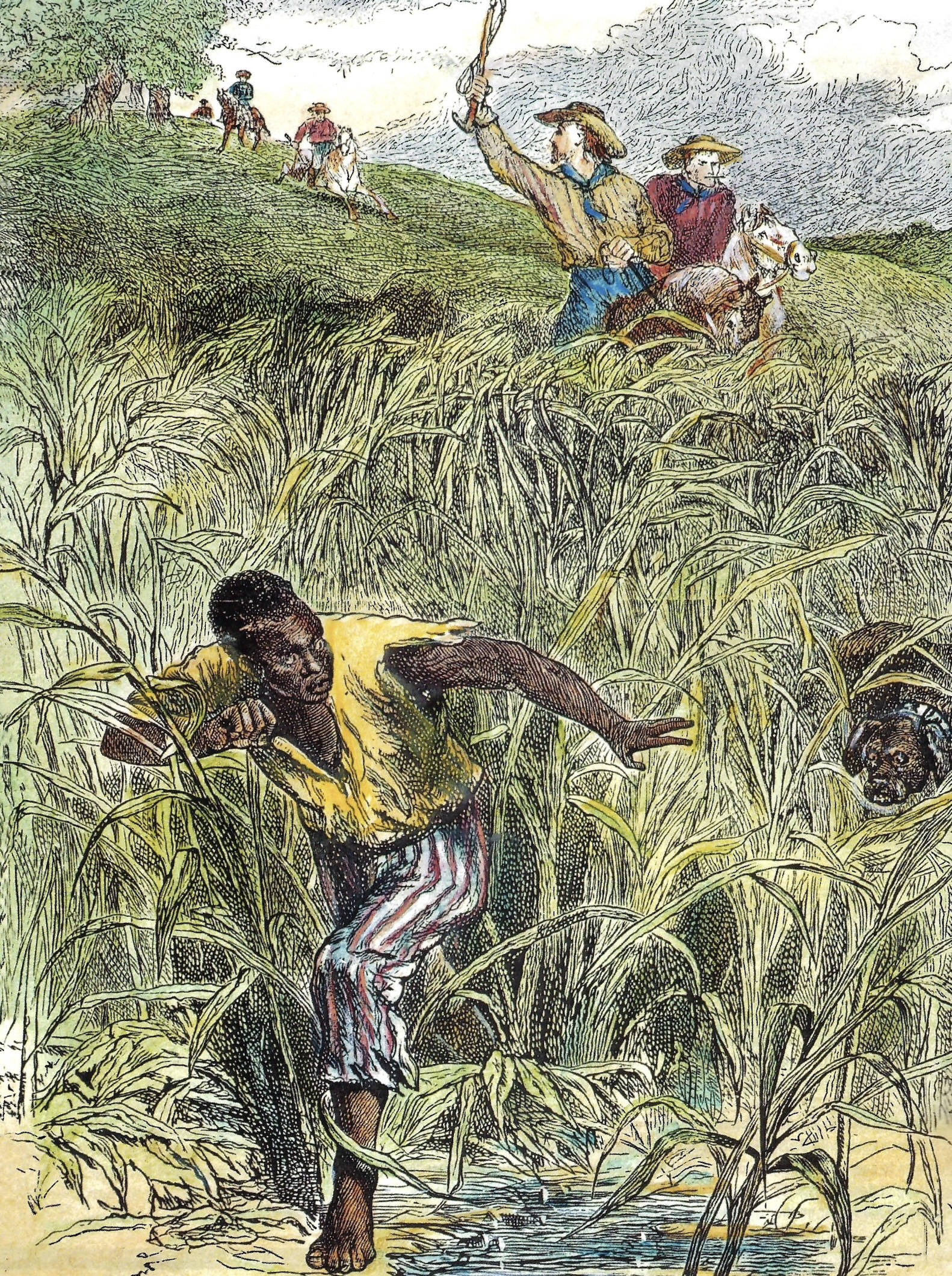 Popular mid-19th-century engraving, opposite, of a slave escape, portrays the experience of Alabama slave Wallace Turnage, who escaped four times before turning 17, each time, each time captured by bounty hunters, who clapped him in a slave collar and wrist chain and collected a fat reward.