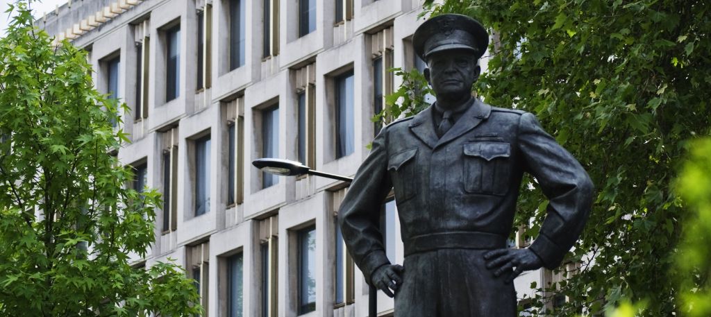 Gen. Dwight Eisenhower stands guard outside the U.S. Embassy on Grosvenor Square in London.
