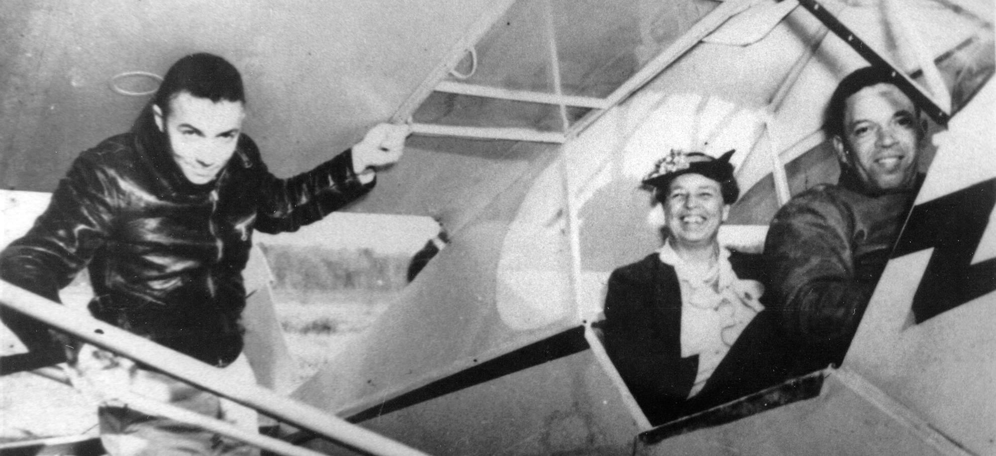 English: First Lady Eleanor Roosevelt, center, is shown in a digital image of a photo taken with U.S. Army Air Corps Tuskegee Airman pilot C. Alfred Anderson in March 1941.