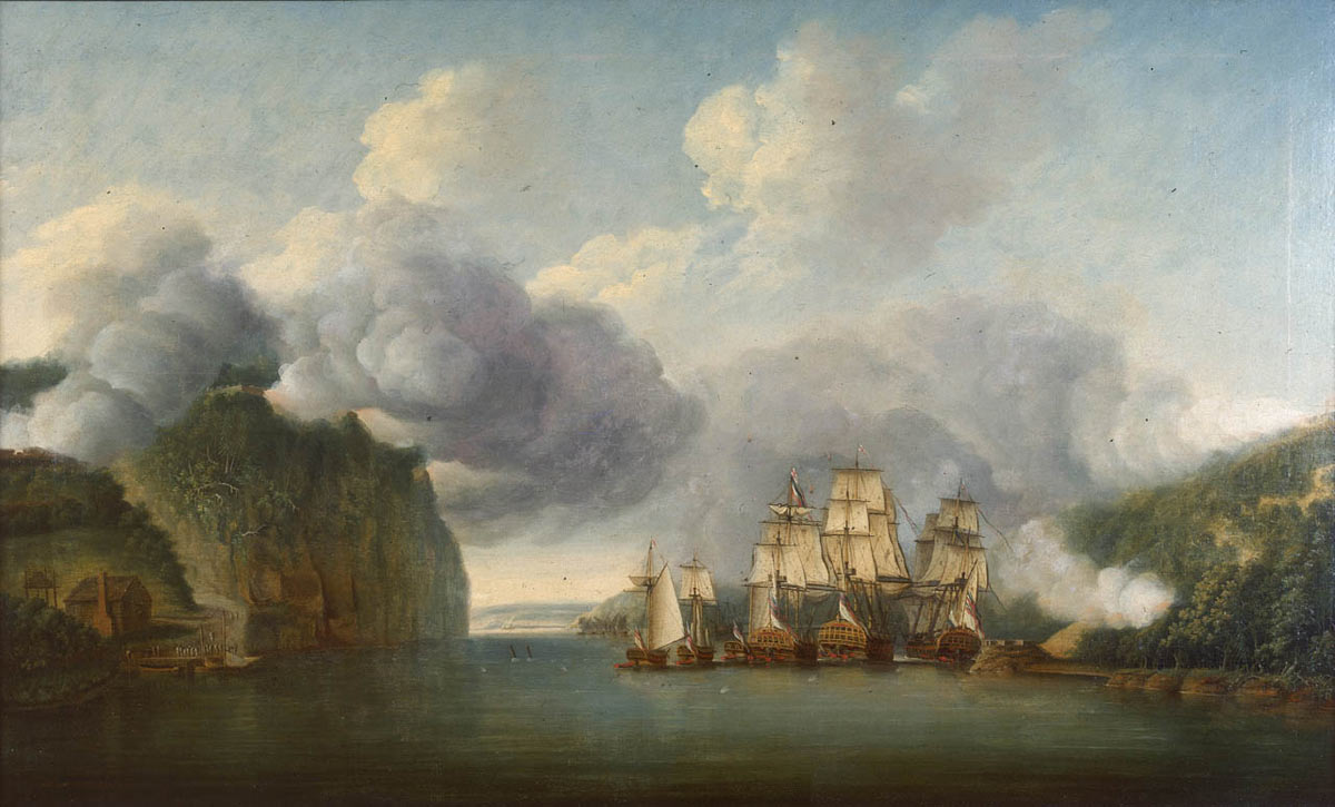 British Royal Navy ships attacking Fort Washington on Hudson River on Oct. 9, 1776, where The Cloisters now stand.