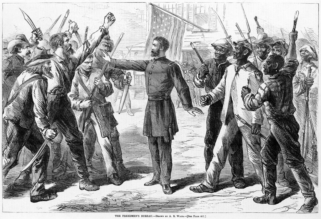 Stanton was instrumental in creating the Freedman's Bureau late in the Civil War to protect freed slaves and provide them with food, clothing, and shelter. And 1868 engraving in Harper's Weekly showed a Bureau agent standing between armed Southern whites and freedmen.