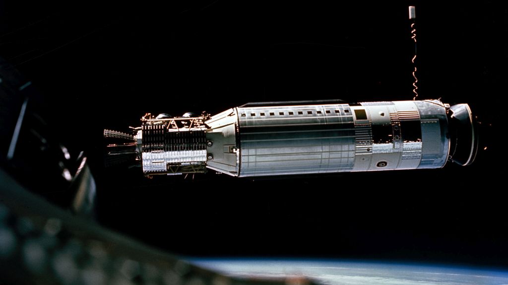 In March 1966 Armstrong and David Scott piloted Gemini 8 in the most complex NASA mission yet undertaken. They docked for the first time in space, with an Agena rocket (above) and Scott accomplished the second American space walk.