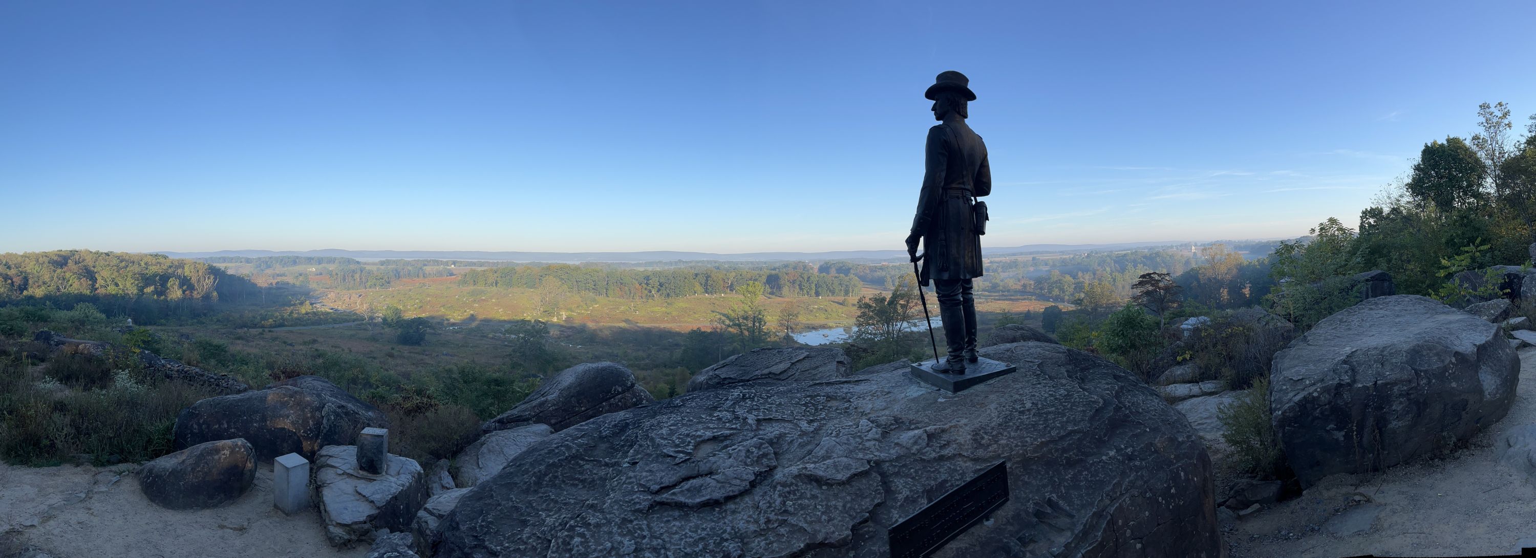 A statue of Gen. G.K. Warren, chief engineer of the Union Army who ordered troops to defend the decisive position, now looks over an improved view.