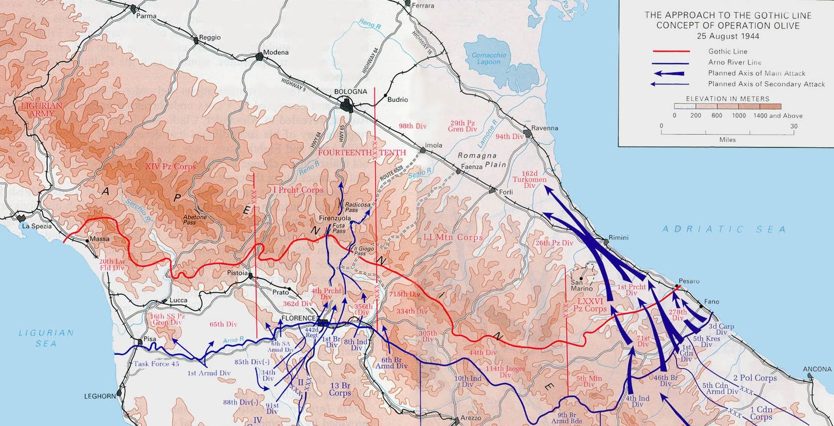 Late in 1944, the Allies ran into a strong German defense at the Gothic Line (red) with 2,000 bunkers, artillery, and machine gun nests.