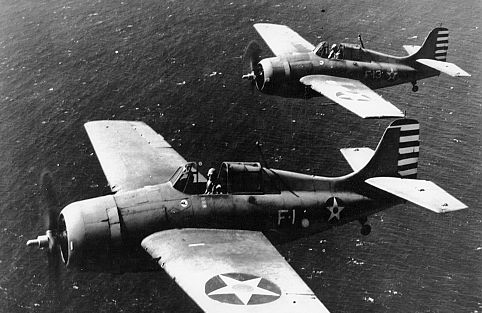 O'Hare can be seen in the fighter on the right, a Grumman Wildcat like the one he flew on his last mission.