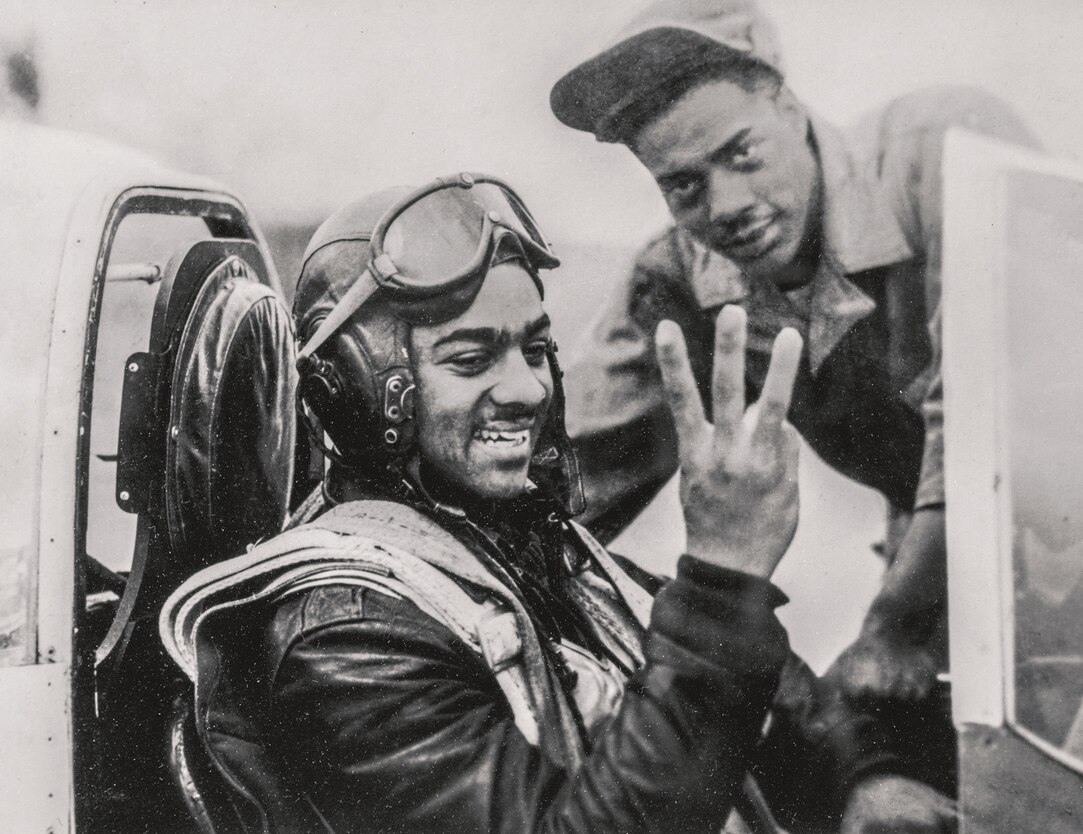 Lt. Harry Stewart in the cockpit of his P-51 Mustang after shooting down three Nazi fighters in one day.