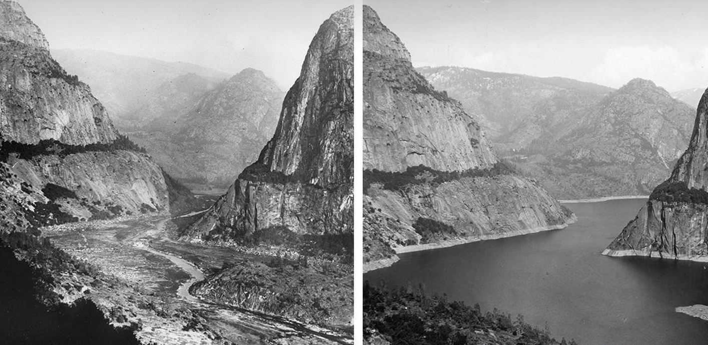 Hetch Hetchy before and after the dam flooded the valley. San Francisco Public Utilities Commission.
