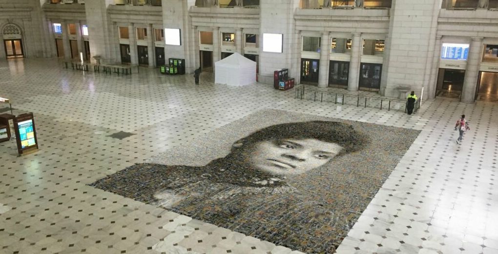 A giant mosaic of Ida Wells's face, made of thousands of faces of suffragettes, decorates Washington, D.C.'s Union Station, now emptied by the pandemic. Courtesy Women's Suffrage Centennial Commission.