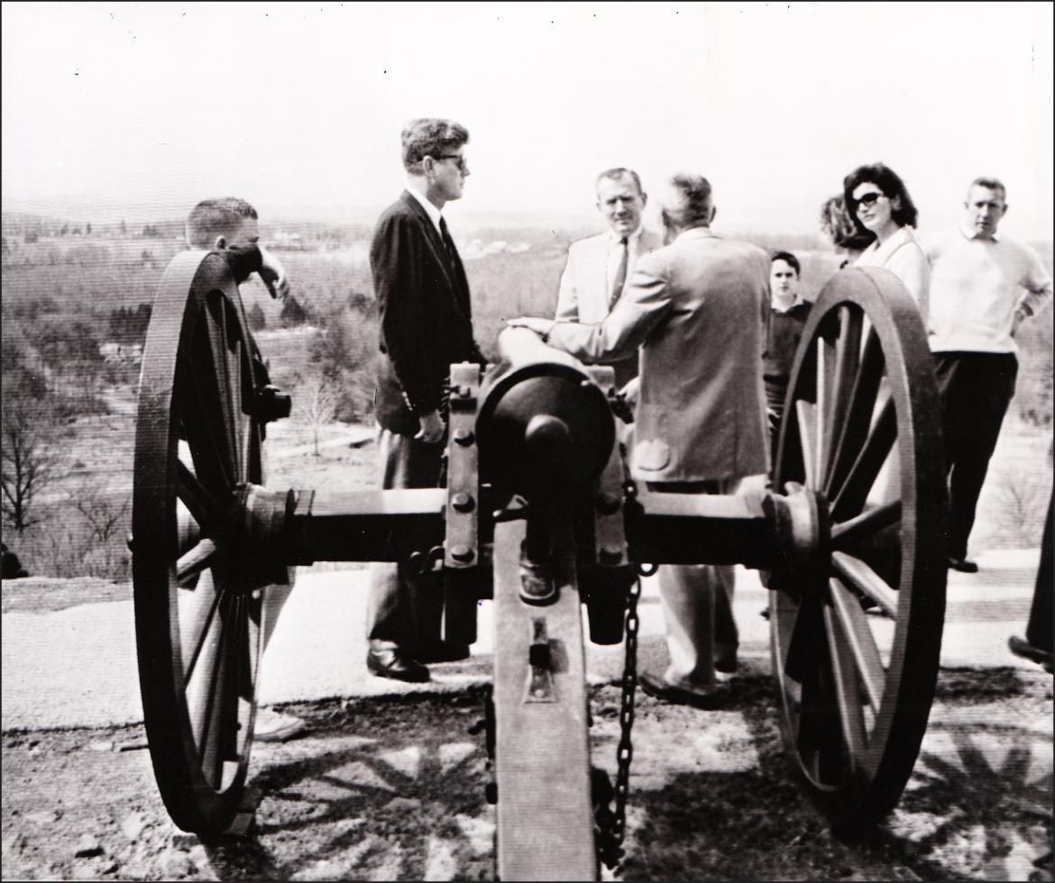 President Kennedy and his wife Jackie visited Gettysburg on March 31, 1963 and were photographed at Hazlett’s Battery on Little Round Top. 
