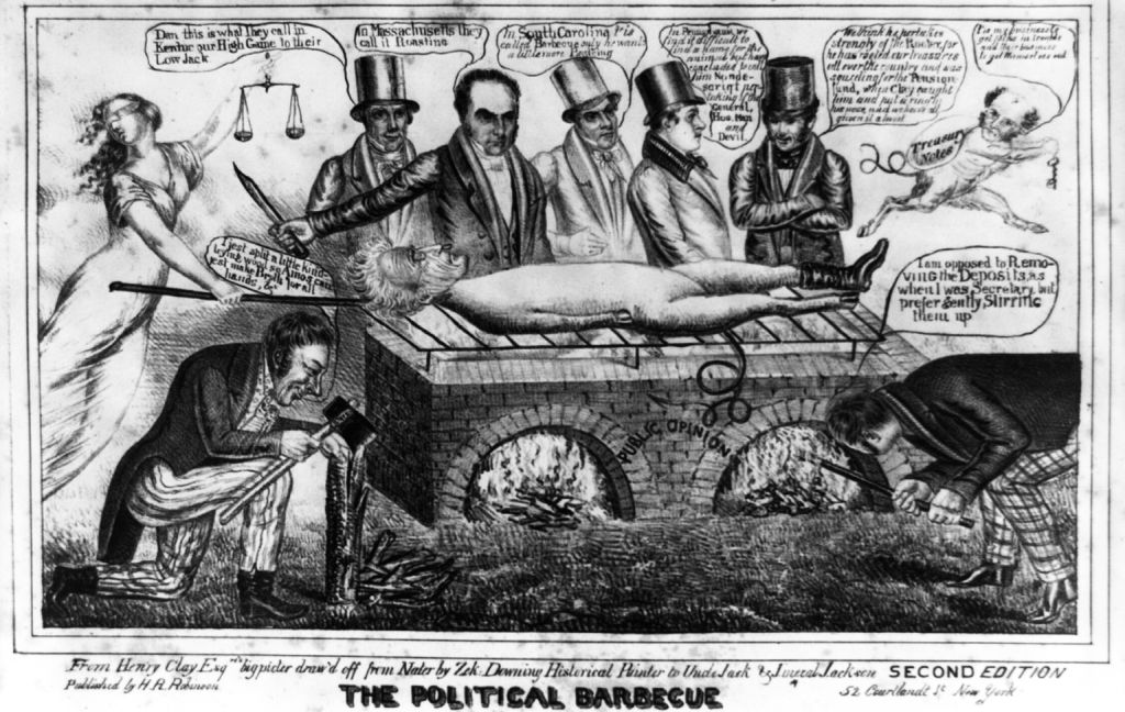 Andrew Jackson is roasted over the fires of "Public Opinion" by the figure of Justice in a cartoon relating to the controversy surrounding Jackson's removal of federal deposits from the Bank of the United States. Jackson, with the body of a pig, is prone on a gridiron over a stone barbecue oven. The fire is stoked by former Secretary of the Treasury William Duane, at lower right,