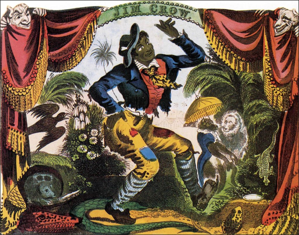 The rugged blackface character "Jim Crow" was the creation of Thomas Dartmouth "Daddy" Rice. Inspired by a black stablehand's eccentric song and dance, Rice's "Jump Jim Crow" was a national sensation, and launched a minstrel craze. New-York Historical Society.