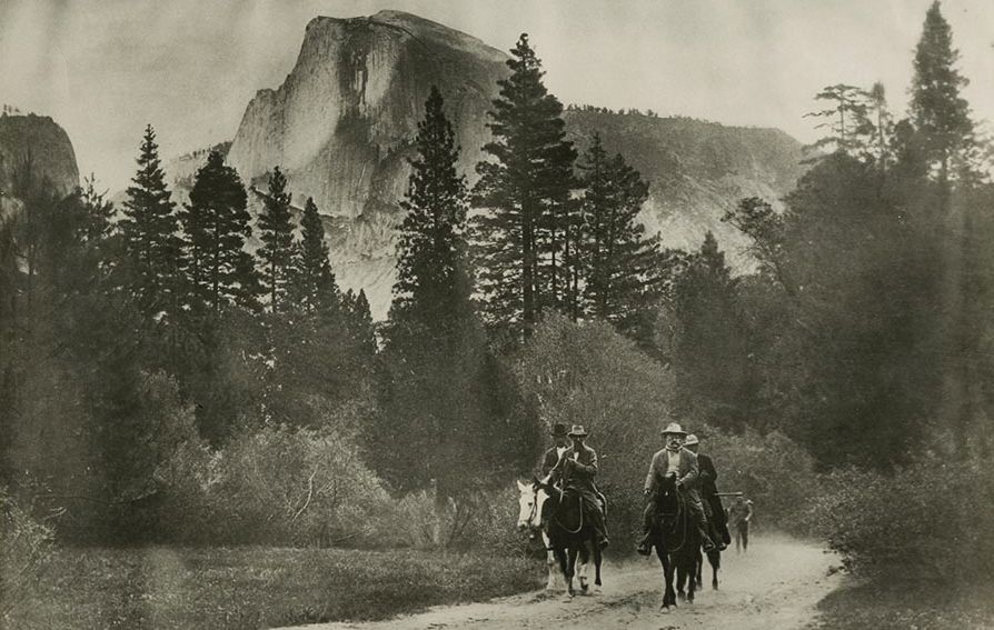 John_Muir_and_Theodore_Roosevelt_ride_out_of_Yosemite_Valley on May 15, 1905.