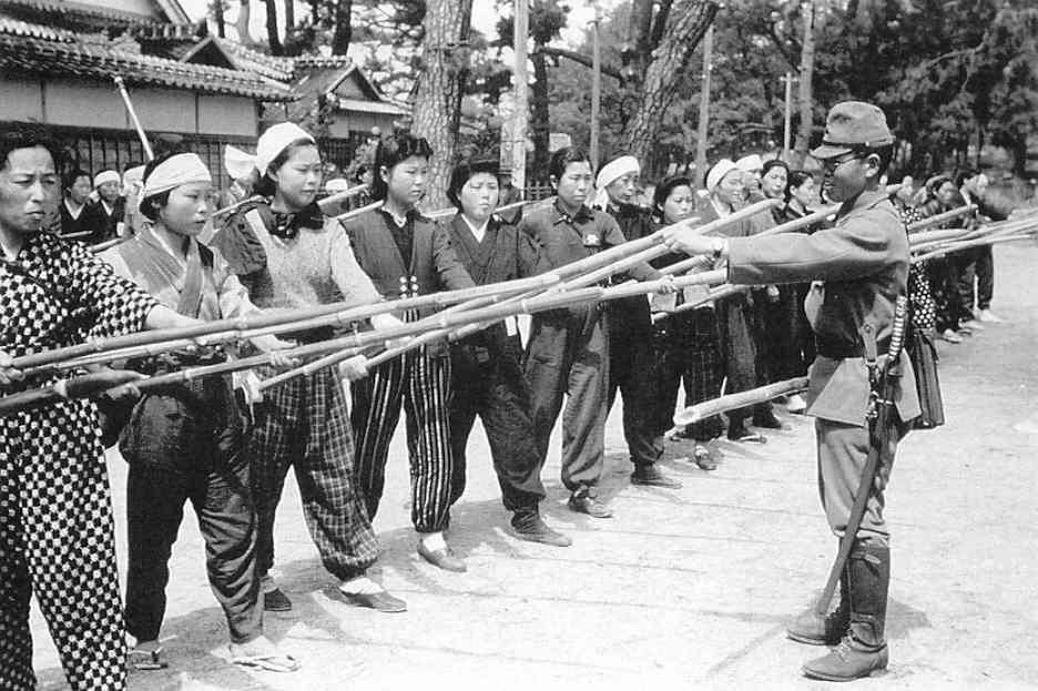 Plans for the defense of Japan included training a third of the civilian population in the use of swords and bamboo spears.