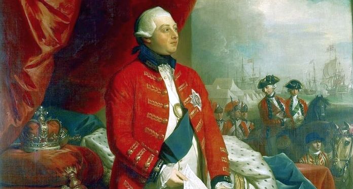 The Declaration of Independence denounced King George as a tyrant “unfit to be the ruler of a free people,” but the Loyalist American Benjamin West painted the king heroically in a military uniform, with Lord Jeffrey Amherst leading a detachment of the f the 15th Light Dragoons in the background. Royal Collection Trust, London