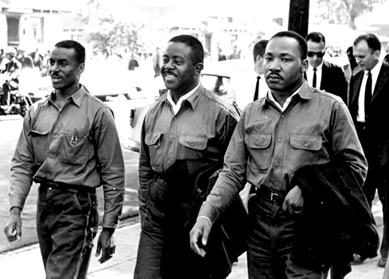 Martin Luther King Jr. marches in Birmingham on Good Friday, April 12, 1963, with Fred Shuttlesworth (left) and Ralph David Abernathy (center). The men were later arrested, prompting King to write his famous "Letter from Birmingham Jail."Courtesy of the Birmingham Public Library Archives