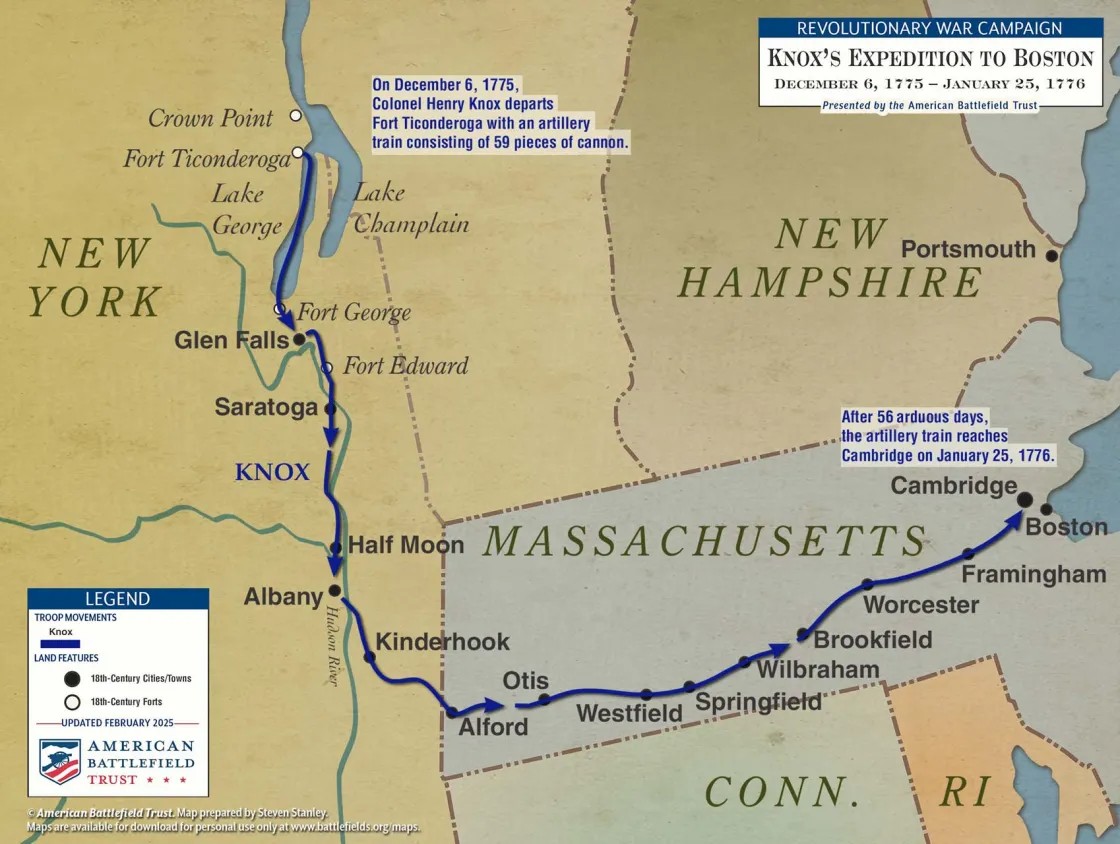 The cannon were carried 300 miles through the wilderness of New York and western Massachusetts.