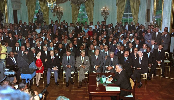 President Johnson was able to pass the Civil Rights Act of 1964 with the help of Senators Barry Goldwater (R-AZ) and  Minority Leader Everett Dirksen (R-IL), who helped write the legislation.