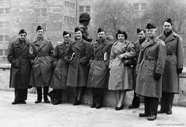 Reuben Peiss (with pipe) headed the Library of Congress mission to Europe to recover materials in 1946.