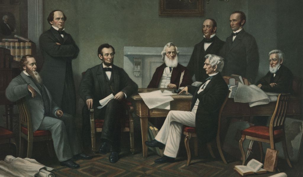 In the famous portrait of the Lincoln Cabinet, Chase stands next to the President. Library of Congress