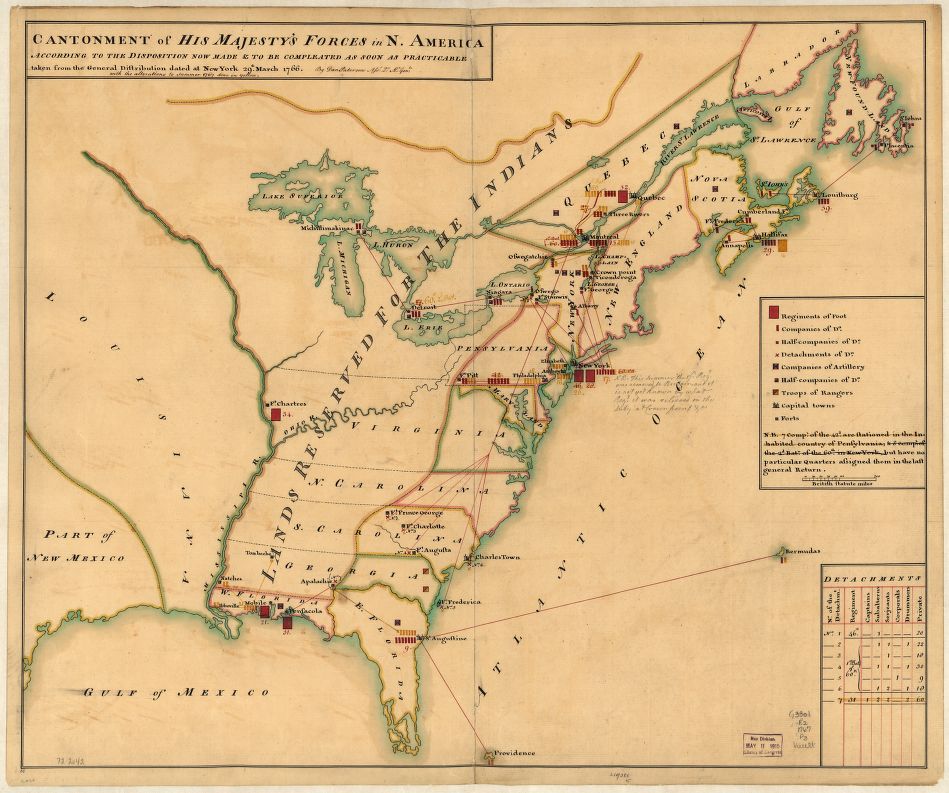 In October 1763, the King proclaimed the lands west of the Appalachian Mountains to be revered for the Indians, as shown in a map of the disposition of British military forces in 1766. Library of Congress.