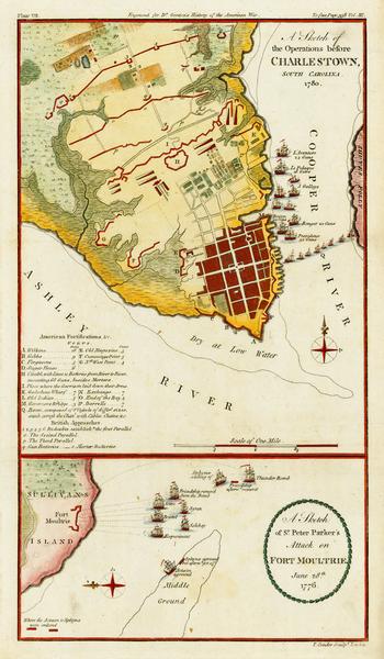 Detailed charts of Charleston harbor aided the British in their 1776 attack on the city. A contemporary map shows the disposition of 20 warships during Sir Peter Parker's campaign. 