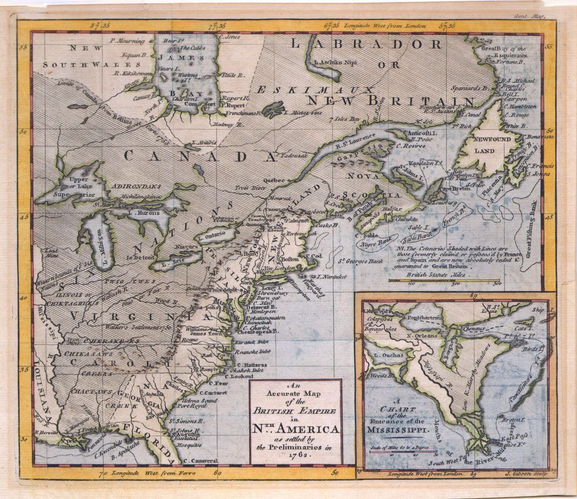 Great Britain gained huge new lands at the end of the French and Indian War, known in Europe as the Seven Year's War. A map published in Gentleman's Magazine in 1762 showed the new territory in the shaded areas, as reported by the negotiators of the treaty.