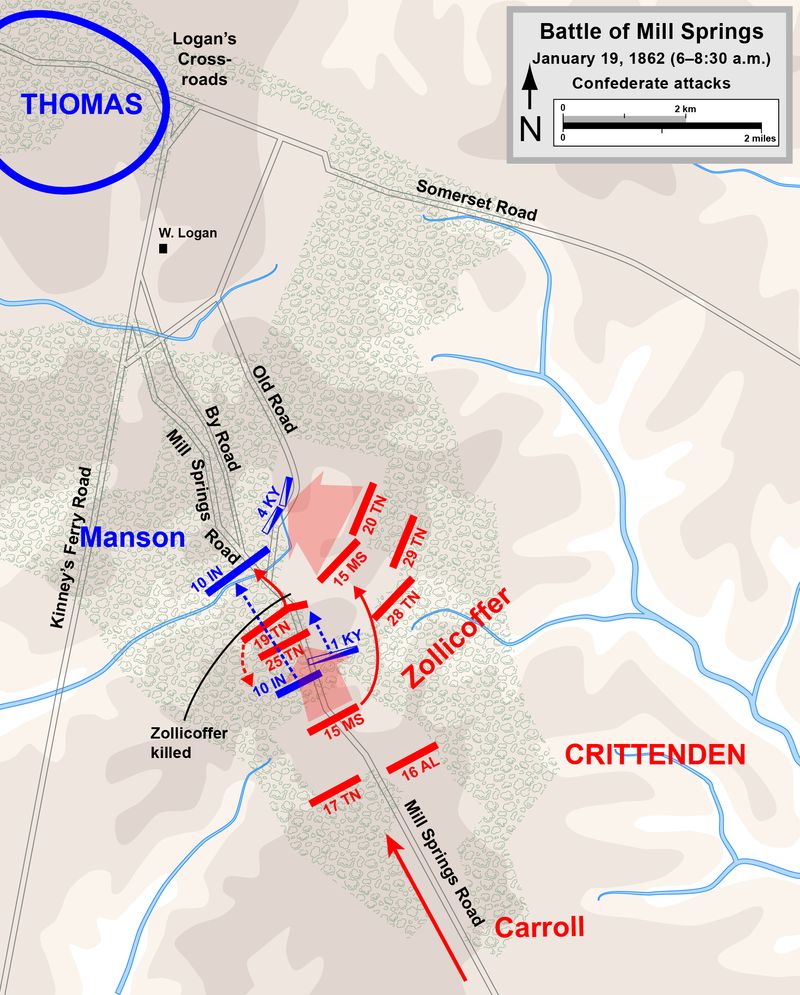 The Confederates launched an attack against the Union forces early in the morning of January 19, 1862.  Map drawn by Hal Jespersen.