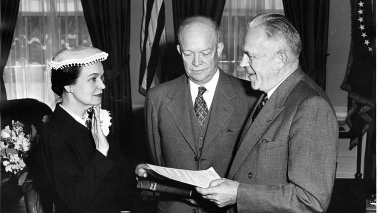 Ike appointed Oveta Culp Hobby, a Democrat from Texas, to be the first head of the HEW. National Archives