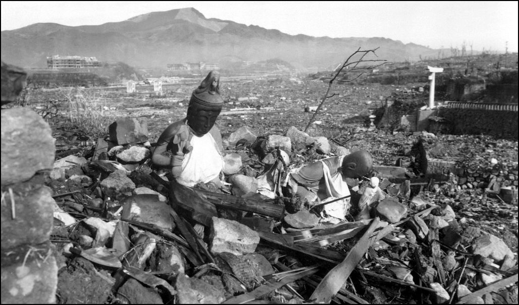 A template lay in ruins along with most of Nagasaki after the second atomic bomb killed at least 40,000 people.