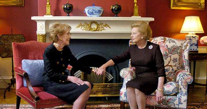 Nancy Reagan and Margaret Thatcher share memories in the Truman Study during President Ronald Reagan's state funeral, June 10, 2004. Photo: Ronald Reagan Presidential Library and Museum,