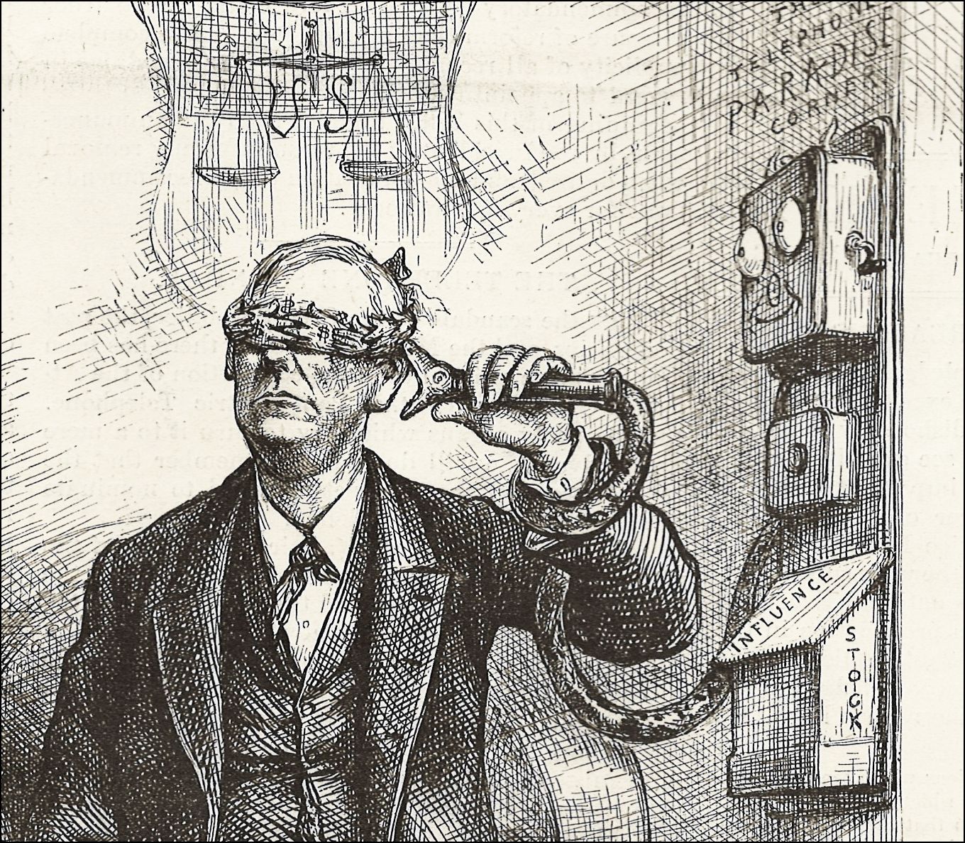 Thomas Nast drew numerous cartoons mocking Cleveland's Attorney General Augustus Garland after his Department of Justice brought suit to annul the Bell patents and it was revealed that Garland owned $500,000 worth of shares in a competing telephone company and would have become rich if Bell lost the patents. 