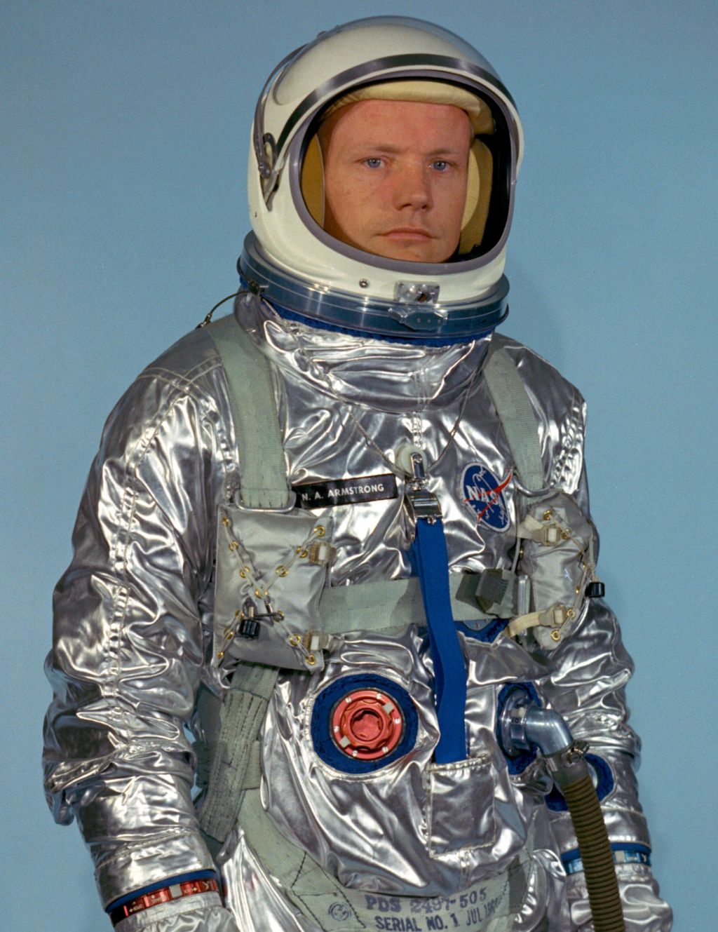 Armstrong in a Gemini training suit. NASA.