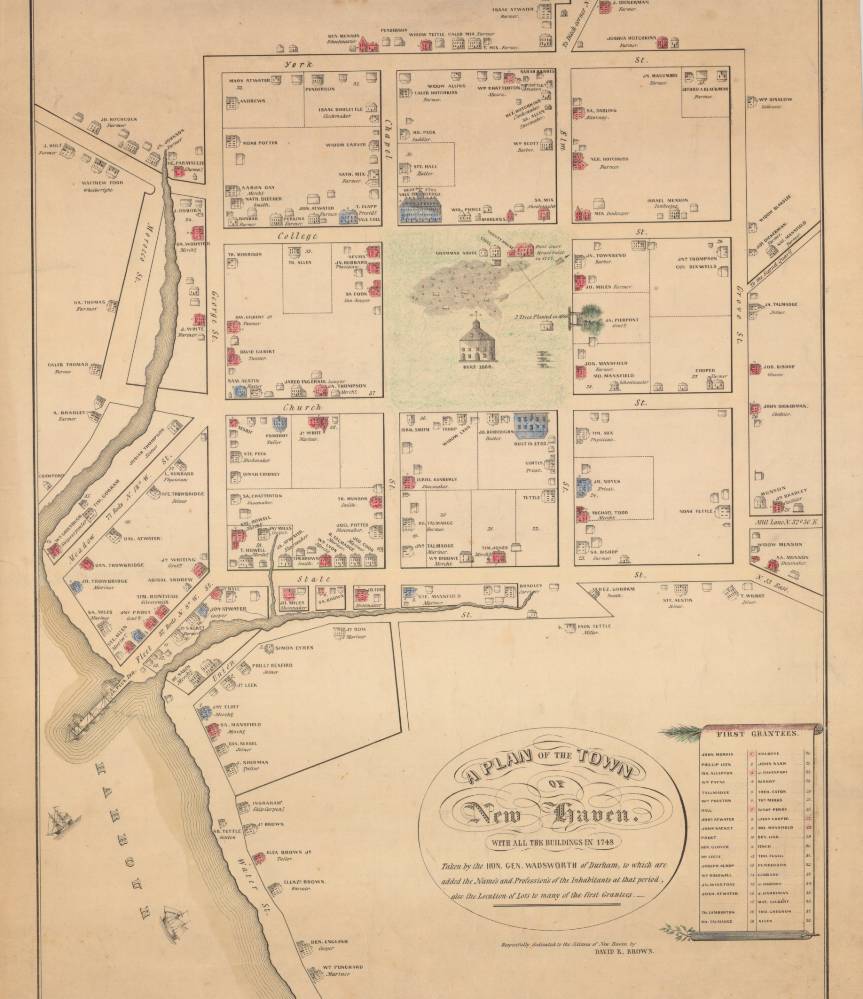 Cadastral maps such as an 1740s town plan of New Haven showed ownership of individual properties.  Connecticut Humanities.