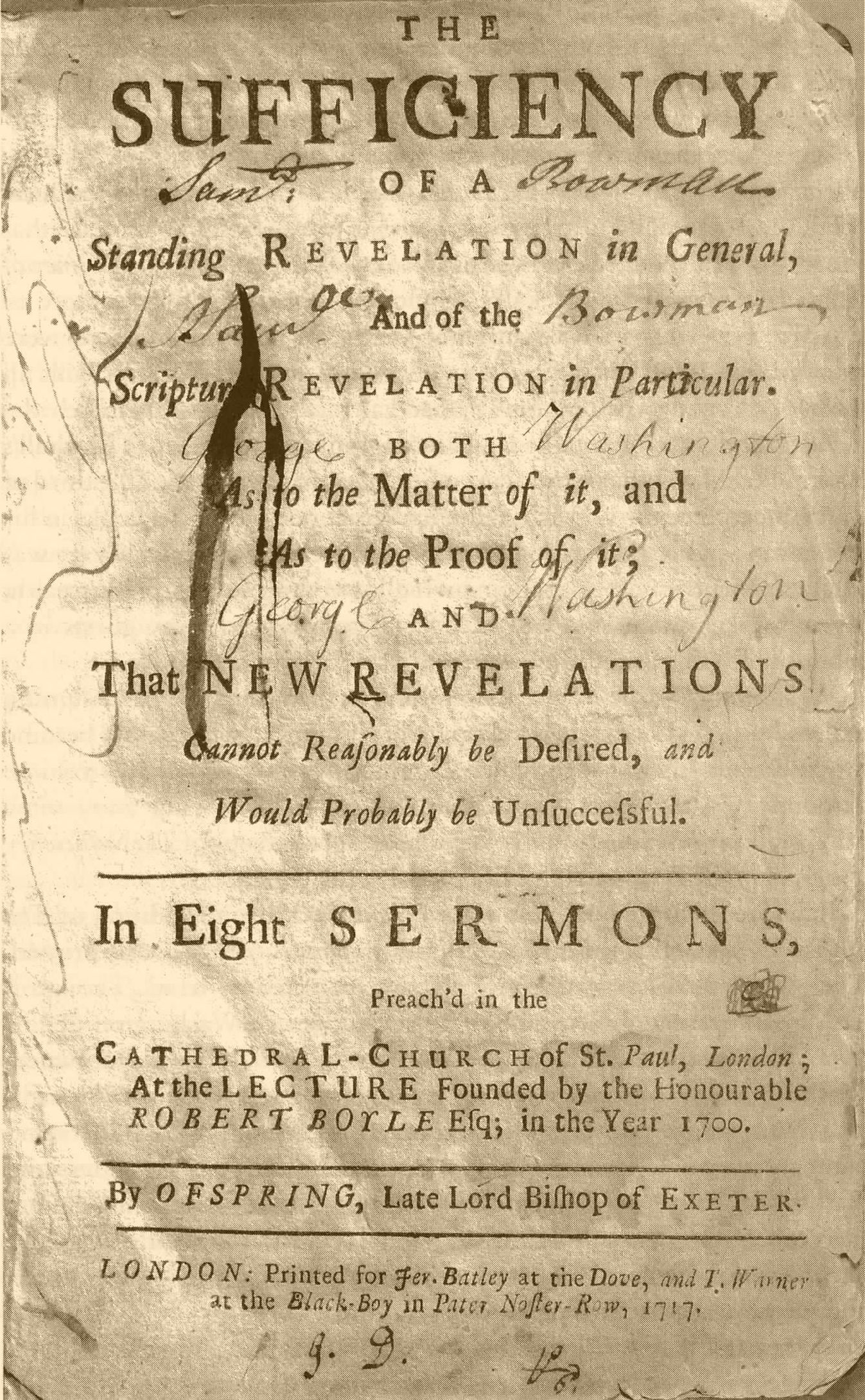 Washington inscribed his copy of Bishop Offspring's Sufficiency of Revelation when he was 11 years old.
