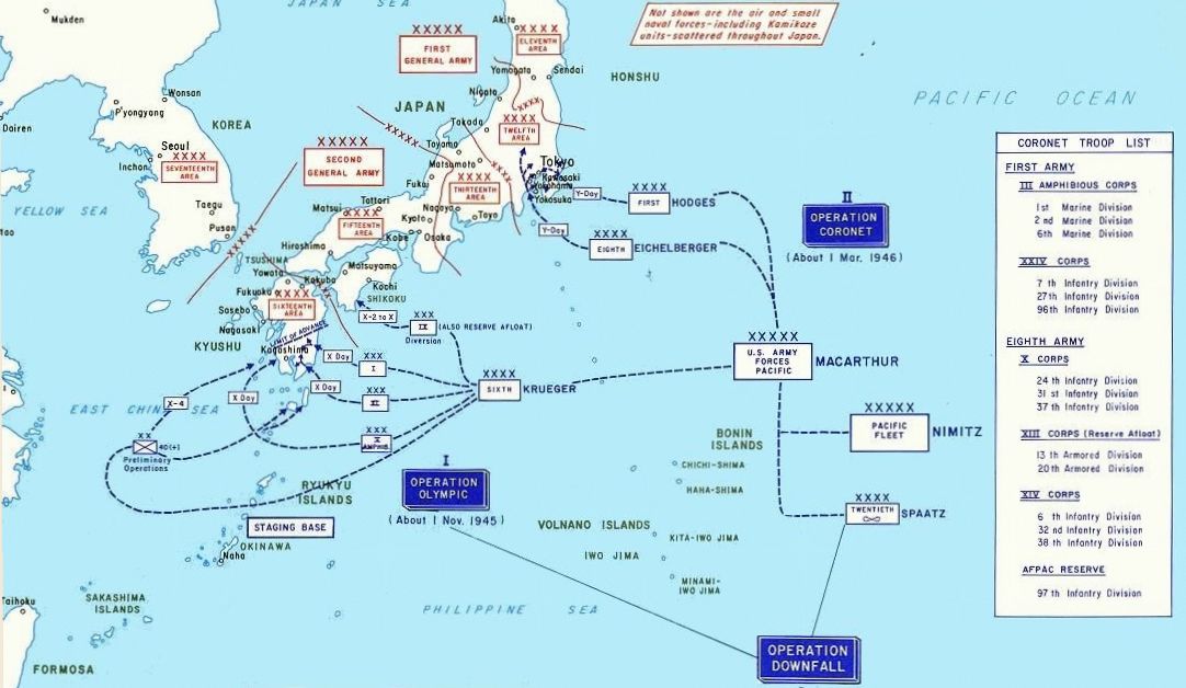 Operation Downfall called for nearly 1.9 million U.S. troops to invade the Japanese homeland, defended by nearly the same number of Imperial troops plus tens of millions of trained civilian militias.