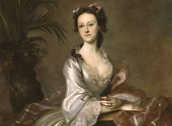 Blackburn tailored his portraits to the interests of his patrons. Painting Fanny Pigott of Bermuda, he included a blackbird in her hand and a palmetto, indicating the island's resources.  Mrs. John Pigott (detail), Los Angeles County of Art.