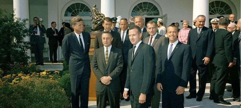 President Kennedy welcomes the Mercury astronauts to the White House.