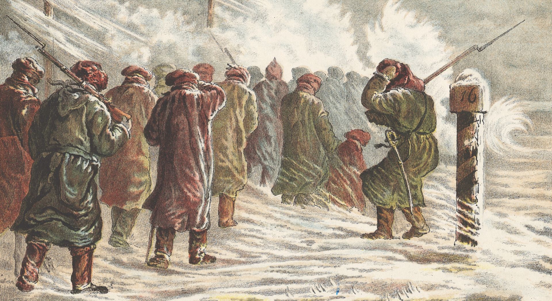 Prisoners march under guard in Siberia.