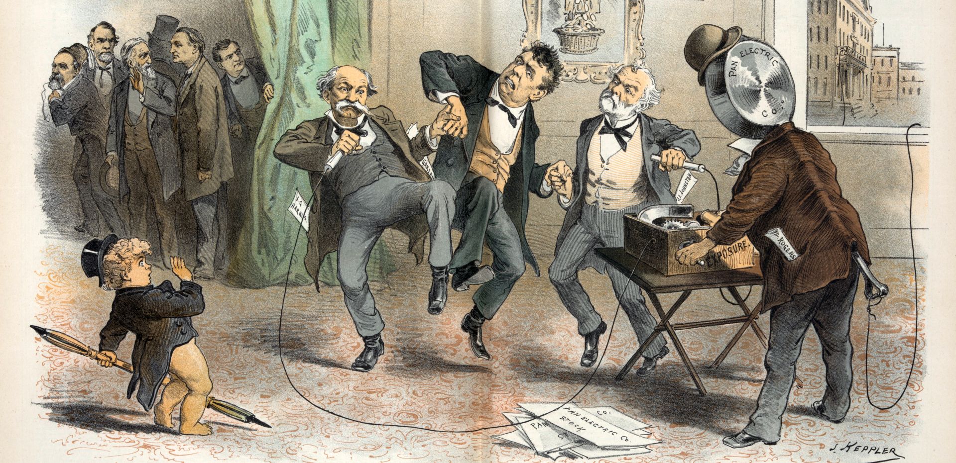 Cartoonists for Puck, Harpers Weekly and many other publications mocked Attorney General Garland and other politicians who were caught in the Pan-Electric conspiracy to steal the Bell patent. It became the biggest scandal of the Grover Cleveland Administration. Yet today, some writers quote dubious testimony generated by Pan-Electric as if it were credible, without acknowledging the context. Library of Congress