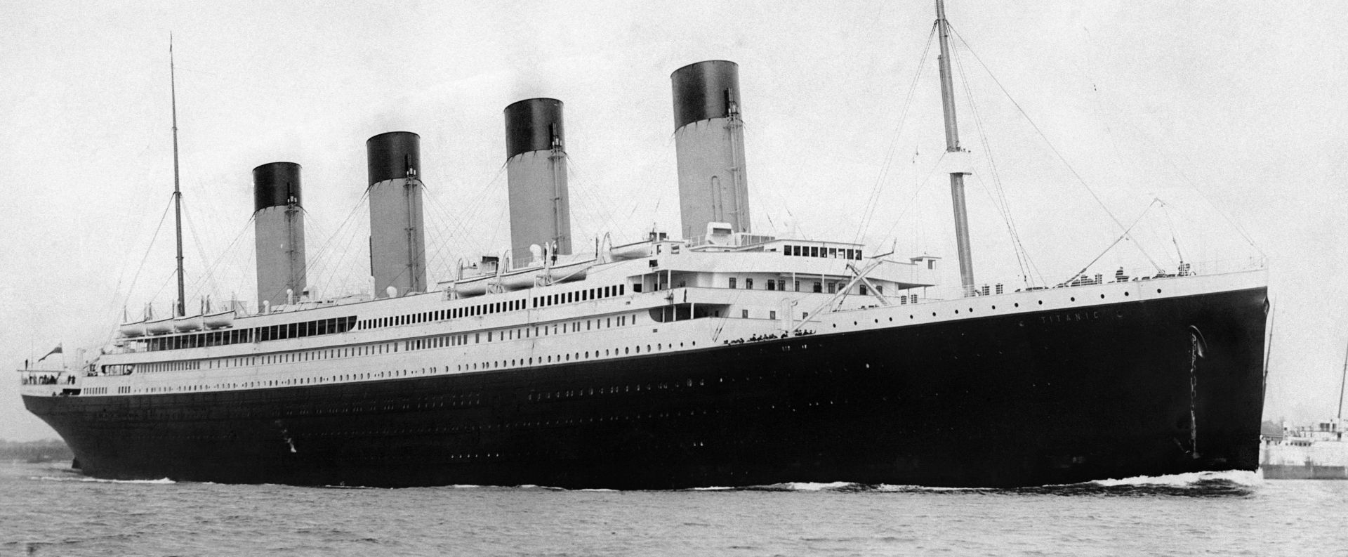 RMS Titanic leaves Southampton harbor on April 10, 1912.