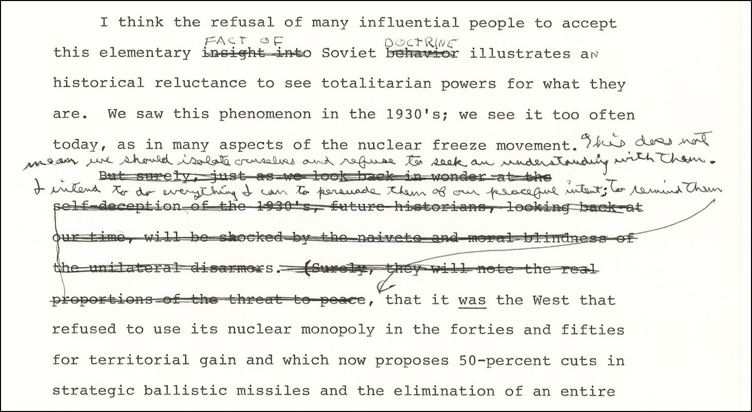 Reagan’s handwritten notes for the “Evil Empire” speech were recently exhibited at the National Archives. Ronald Reagan Presidential Library and Museum.