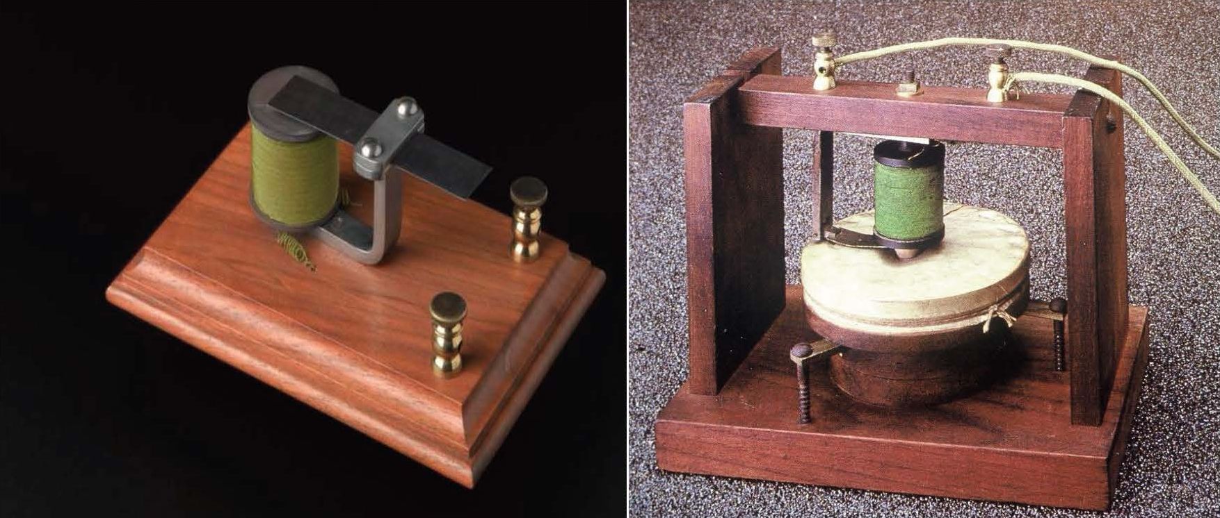 The left image is the replica of the reed sounder that Watson plucked on June 2, 1875, that led Bell to realize that harmonics as well as the fundamental frequency could be transmitted. On the right is a replica of the Gallows telephone that Bell sketched that evening, and that Watson built the next day, June 3. Bell realized that an undulating current could recreate all the various tones and colors of the human voice.  
