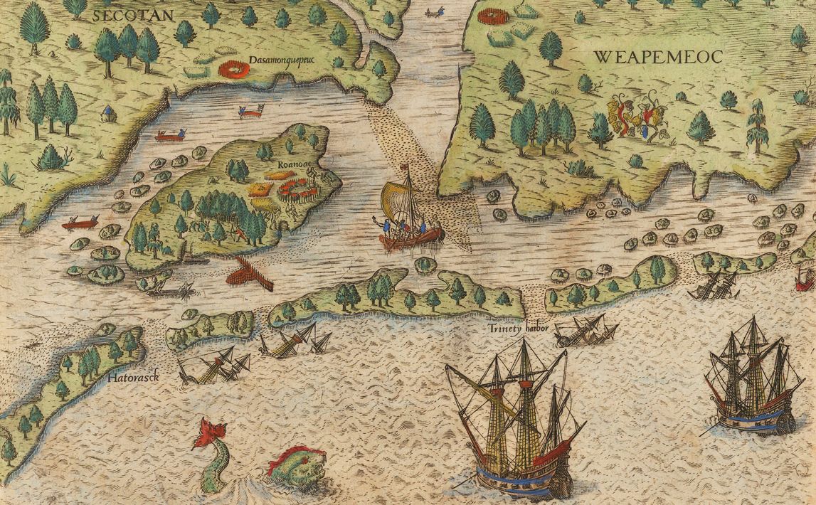 A detail of de Bry's 1591 map shows Croatoan and Hatorask islands,Roanoke.