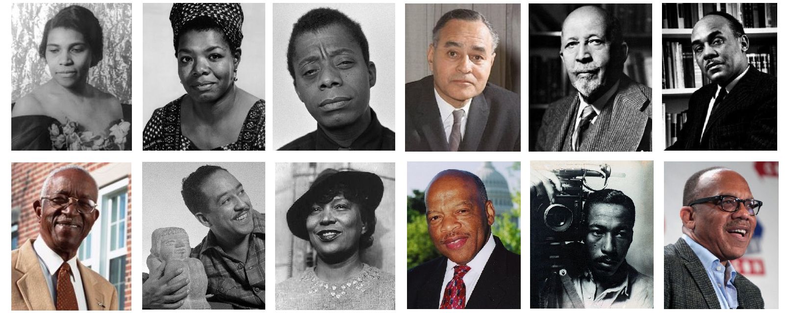 Rosenwald schools and fellowships helped educate an extraordinary group of intellectuals and artists including (top row) singer Marian Anderson, poet Maya Aangelou, novelist James Bbaldwin, diplomat Ralph Bunche, Dubois, Ralph Ellison and (bottom row), scholar John Hope Franklin, poet Langston Hughes, Zora Neale Hurston, John L. Lewis, photographer Gordon Parks, and Pulitzer Prize winning journalist Eugene Robinson.