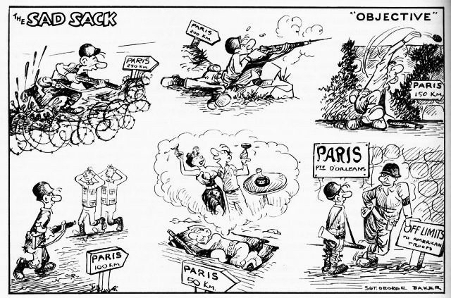 The travails of Sgt. George Baker's cartoon character, Sad Sack — a U.S. Army private — are illustrated in this sequence of events leading to the liberation of Paris.
