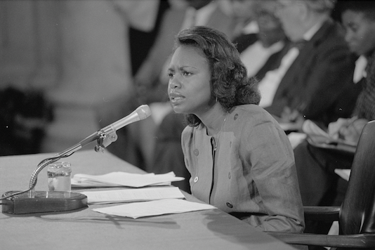 Anita Hill is sworn in to testify before the Senate Judiciary Committee.