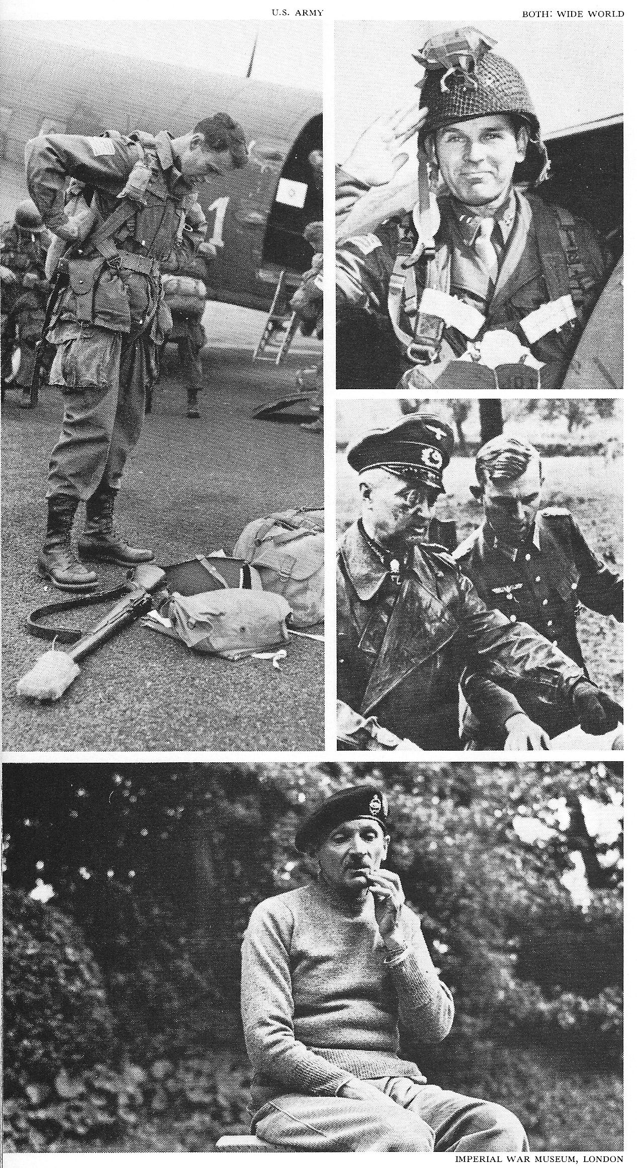 Upper left, Gen. James M. Gavin of the 82nd Airborne loads his gear for the drop on Holland. The U.S. 101st Airborne's Major Gen. Maxwell Taylor poses in the door of a C-47. Center right, Field Marshall Walther Model, the German commander in the Arnhem sector, talks with an aide. 