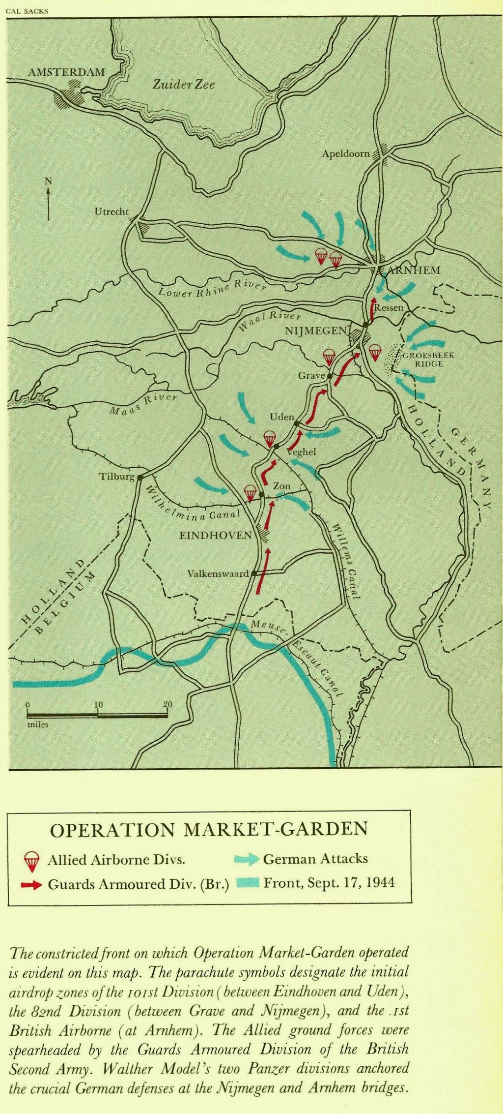 The constricted front on which Market-Garden was fought can be seen on this map. Parachute symbos designate the initial airdrop zones of the 101st and 82nd Airborne.