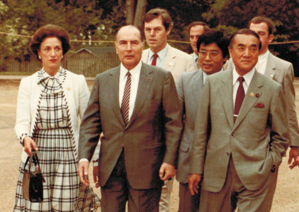 Mrs. Roosevelt escorts President Mitterand of France.